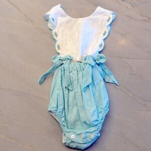 Sophie & Lucas - green and white one piece - scalloped - 9M